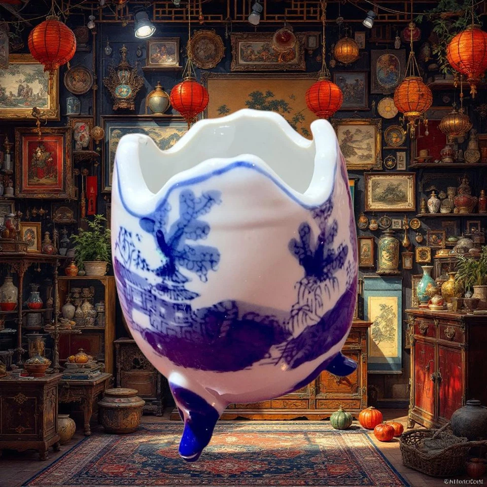 Maceta vintage en forma de huevo.  Porcelana china azul y blanca. 3,5" x 3" Foto 1 de 4