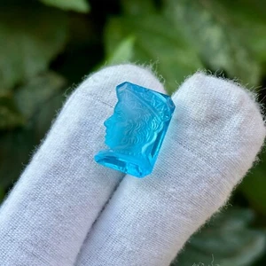 Natural Swiss Blue Topaz King Face Craved Octagon Cut 18.4 Carat Loose Gemstone - Picture 1 of 4