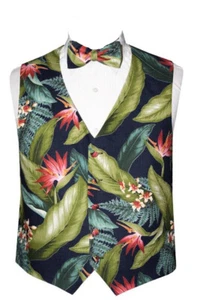 Men's Tropical Palms on Navy Background Vest and Bow Tie  - Picture 1 of 1