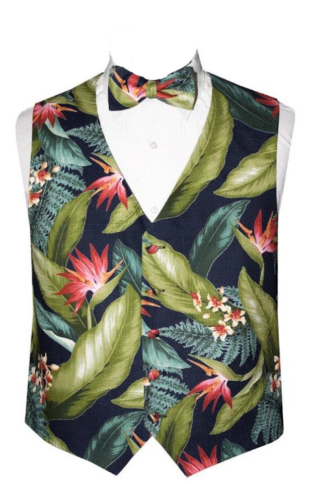 Men's Tropical Palms on Navy Background Vest and Bow Tie  - Image 1 of 1