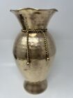 Hammered Tall Solid Brass Vase Braided Metal Cording Vintage 11 3/4” Tall India