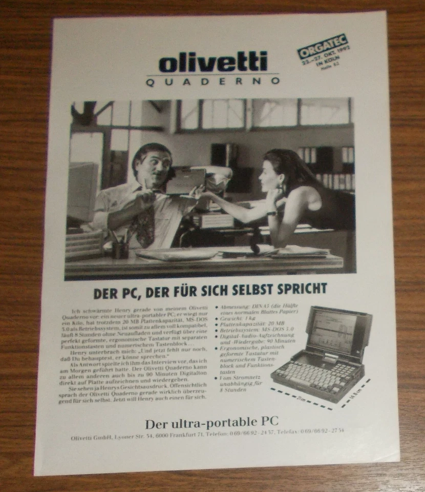 Seltene Werbung OLIVETTI QUADERNO Laptop Ultra Portable Computer 1992 - Image 1 of 1