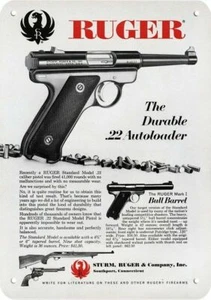 1966 RUGER MODELL .22 & MARK I BULL FASSPISTOLE * DEKORATIVE NACHBILDUNG METALLSCHILD * - Bild 1 von 1