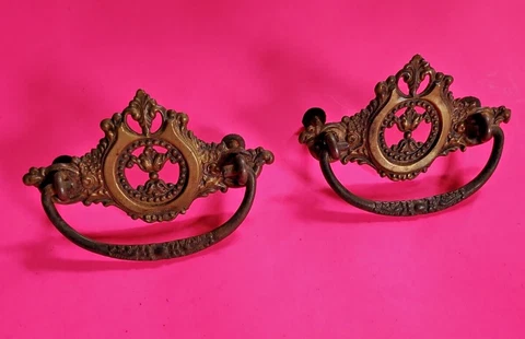 Antique Drawer Furniture Drop Bail Handle Pull Ornate Thin Press Brass Backplate Cover
