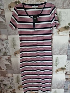 Next Short Sleeve White Multi Knitted Striped Bodycon Dress UK 14 BNWT - Picture 1 of 4