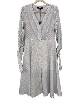 BCBGMAXAZRIA 纽扣前条纹迷笛连衣裙女式小号白色黑色正式新品 — 第 1/4 张图片