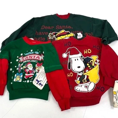 **READ** Vintage 80s 90s Lot of 3 Kids Snoopy Christmas Sweatshirts NWT - Image 1 of 4