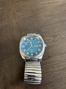 Mens Stauer Wrist Watch 43477 Day/Date Blue Dial Stretch Band - Picture 1 of 3