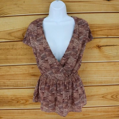 Blusa Mossimo Top Cuello Redondo Mujer Talla XL Marrón Geométrico 100% Poli Manga Casquillo Foto 1 de 4