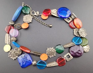 Colorful Signed Chico's Chunky Glass Coin Silver Plated 2 Strand 18" Necklace - Picture 1 of 10