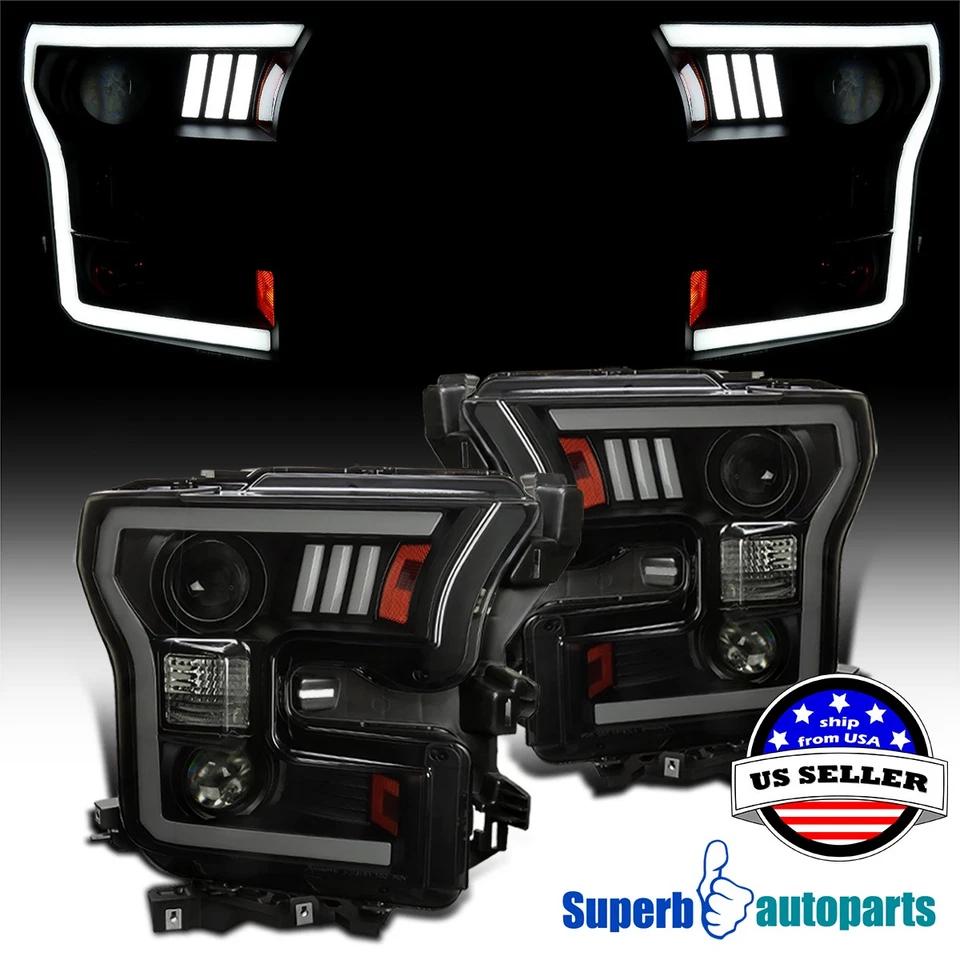 Fit 2015-2017 Ford F150 Projector Headlight LED Strip Black Smoke w/ Turn Signal Foto 1 de 4