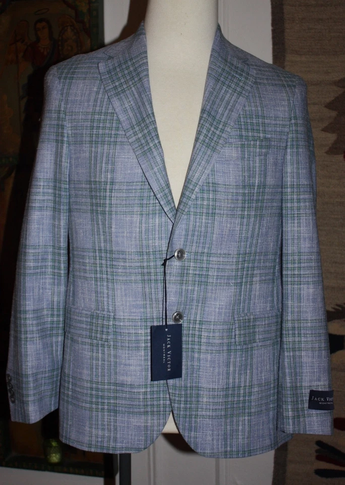 NEW Jack Victor Midland Blue Green Wool Silk Blend Plaid Sport Coat 40S NWT $848 - image 1 of 4