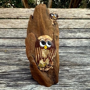 Vintage Handmade Wooden Driftwood Owl Rock Sculpture Figurine Rustic Folk Art 7" - Picture 1 of 8