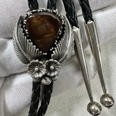 Потрясающий винтажный галстук-боло из чистого серебра с юго-западным огнем агатом - Изображение 1 из 4