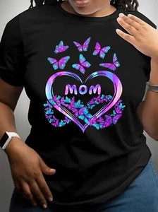 Mom & Butterfly Print T-Shirt Casual Crew Neck Short Sleeve Top Women's Clothing - Picture 1 of 12