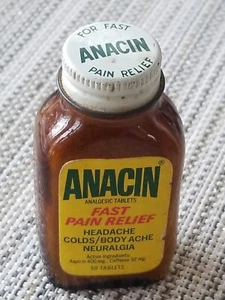 Anacin Analgesic Tablets Pain Relief Paper Label Metal Cap Brown Glass Bottle - Picture 1 of 6