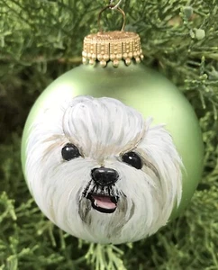 Maltese Dog Hand Painted Green 2 1/2” D Glass Ball Ornament - Adorable! - Picture 1 of 5