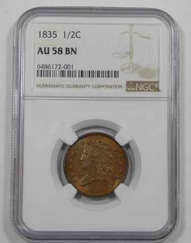 1835 Classic Head Half Cent CERTIFIED NGC AU 58 BROWN 1/2c Cover