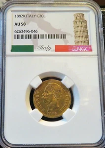 1882R Italy Gold 20 Lire NGC AU58 * FREE Shipping * - Picture 1 of 4