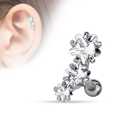 Triple Star Gem Surgical Steel Helix Tragus Cartilage Barbell Stud Earring - Image 1 of 3