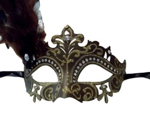 Máscara Veneciana Oro Mardi Gras Princesa Mascarada Pluma - Imagen 1 de 2