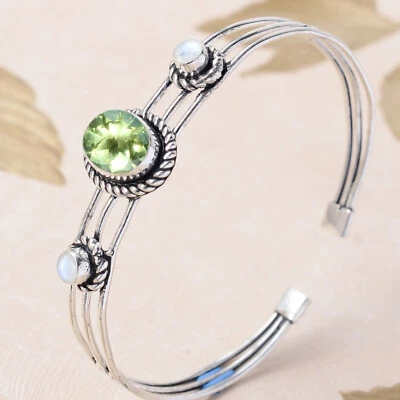 Faceted Peridot & Moonstone Gemstone 925 Sterling Silver Cuff Man's Gift Bangle - Image 1 of 4