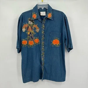Vintage Damen handbemaltes Halloween Jeanshemd Größe L Vogelscheuche Herbst Glitzer - Bild 1 von 12