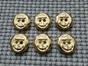 6 Gold Tone Metal Look 2 Hole Buttons 15mm Vintage Anchor Sailor Nautical Style - Picture 1 of 2