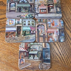 Village Buildings Rectangle Cork Back Coasters Set of 5 - Picture 1 of 7