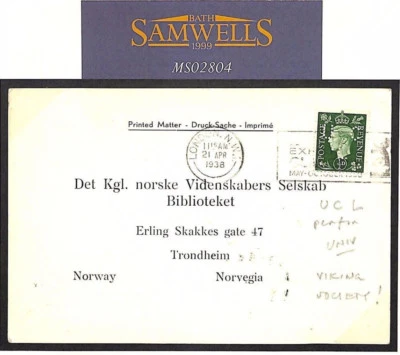 GB UNIVERSITY PERFIN *UC/L* Card VIKING SOCIETY Reply Norway Library 1938 MS2804 - Image 1 of 3