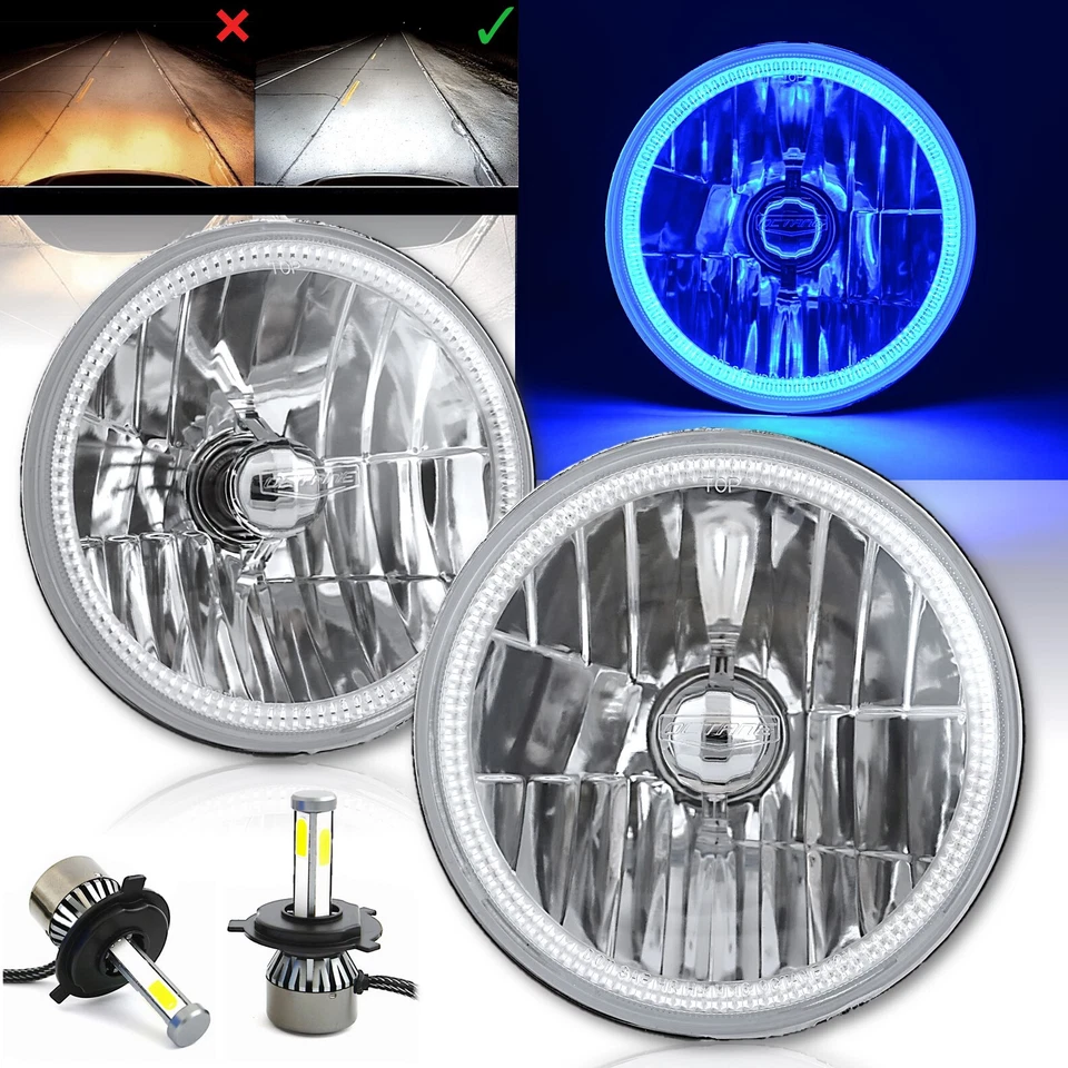 7" Blue SMD LED Halo Angel Eye Crystal Clear Headlight & H4 6000k LED Bulb Pair - Image 1 of 4