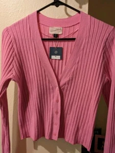 Universal Thread Womens Medium Crop Top Knit Pink V-Neck Button-Front Cardigan - Picture 1 of 6