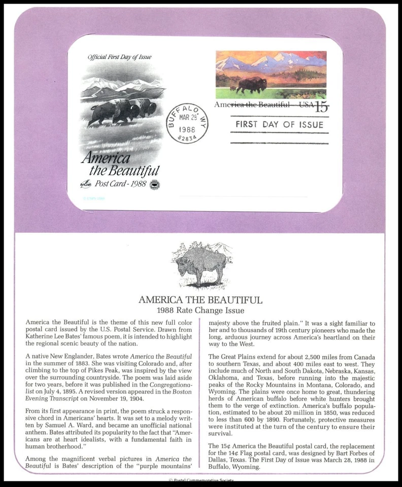 1988 America the Beautiful Sc UX120 FDC PCS bison prairie postcard scenery - Image 1 of 1