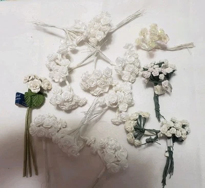 Vtg  White Cream  Satin Ribbon Roses Flowers Wire Stem Millinery Crafts Lot  - Image 1 of 4