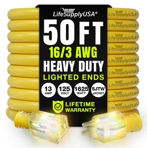 50ft Outdoor/Indoor Extension Cord 16/3 Gauge Heavy Duty 3 Prong SJTW, Waterp... - Picture 1 of 8