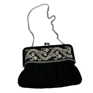 Vera Bradley Black Quilted Clutch Purse Kiss Lock Chain Strap Embroidered Detail - Picture 1 of 13