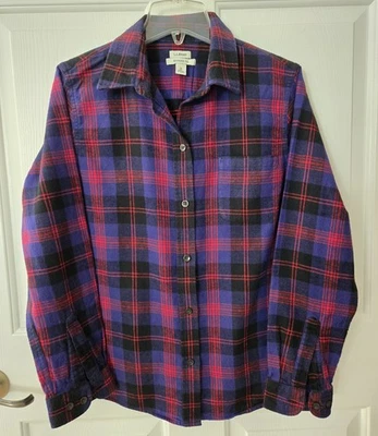 LL Bean M 蓝色红色格子格子格子拉丝法兰绒衬衫休闲乡村户外... — 第 1/4 张图片