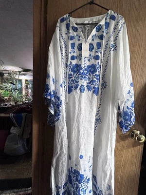 Johnny Was Biannca Kaftan Camilla Dress Size Medium White And Blue! Brand New - Image 1 of 4