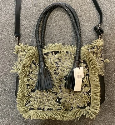 Anthropologie ibBan Green Fringe Black Leather Tassels Beads Handbag Crossbody - Image 1 of 4