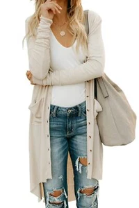 Women's Open Front Lightweight Long Cardigans Fall Long Sleeved Solid Ribbed ... - Picture 1 of 6