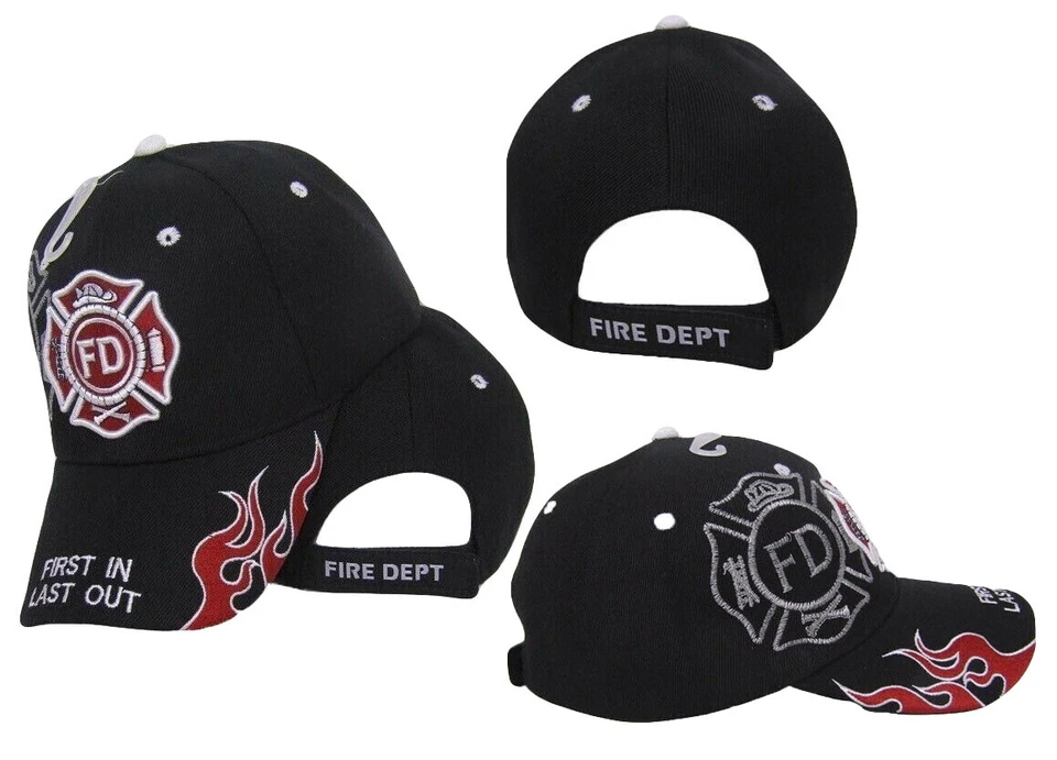 Fire Department Dept Red Emblem Black Plain 3d Embroidered Cap Hat Cap655bk