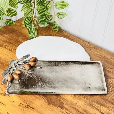 RARE Mud Pie Olive Wood Oliven Leaf Decoration Silver Serving Tray Woodcraft 12“ - Image 1 of 4