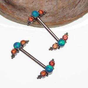 14g 14K Over Orange and peacock Fire Cabochon Opal Stone Cluster Nipple Rings