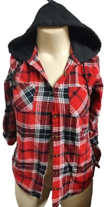 NOBO Jrs Red Plaid Hooded Button Up Top L (11/13) Roll Tab Sleeve & Side #APP - Picture 1 of 2