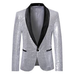 Men's Sparkly Sequin Blazer Long Sleeve Slim Suit Jacket Party Prom Wedding Coat