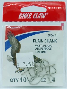 Eagle Claw Plain Shank Size 4 Live Bait Hooks pack of 10 085A-4 - Picture 1 of 2