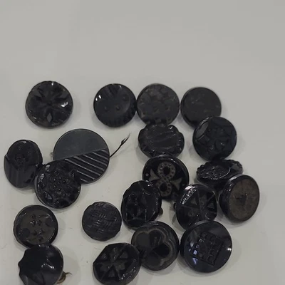 20 Antique Victorian French Jet Black Glass Carved Buttons Brass Shanks 7-15mm - Image 1 of 4