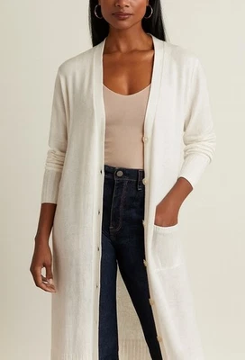 360 Sweater Long White Linen Cardigan L Button Front Lightweight Duster - Image 1 of 4