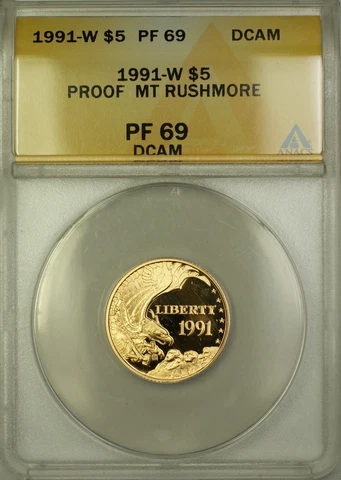1991-W Proof Mount Rushmore Commemorative $5 Gold Coin ANACS PF-69 DCAM Cover