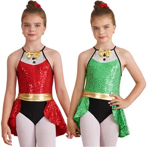 Kid Girl Christmas Elf Dance Gymnastic Leotard Ballet Shiny Sleeveless Bodysuit - Picture 1 of 25